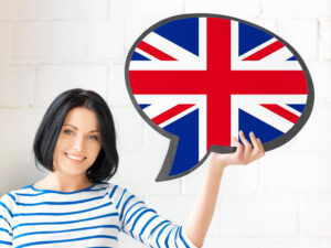 mujer sujetando burbuja bandera británica